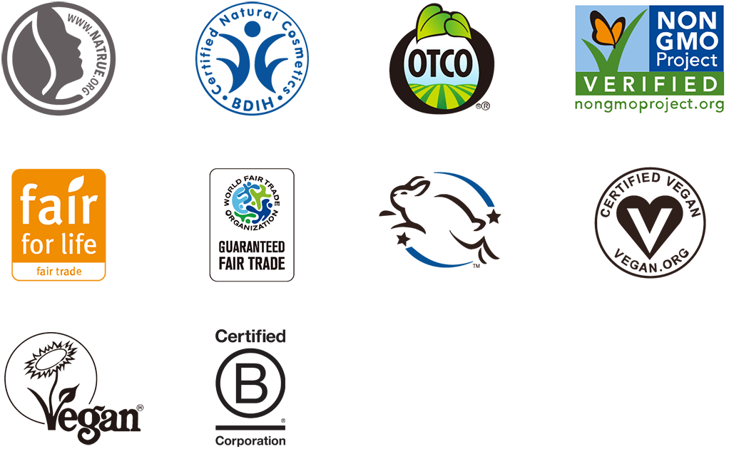 ドクターブロナー マジックソープが取得している認定・認証マーク。NATRUE、BDIH、Oregon Tilth Certified Organic、Non-GMO Project、fair for life、WFTO、Leaping Bunny、Vegan Action