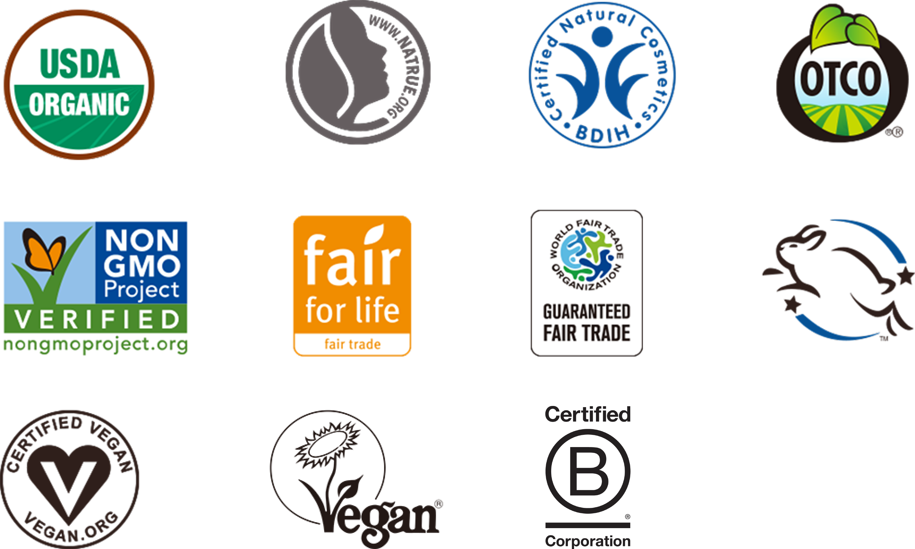 ドクターブロナーオーガニックシュガーソープが取得している認証マーク。USDA、NATRUE1、BDIH、Oregon Tilth Certified Organic、Non-GMO Project、fair for life、WFTO、Leaping Bunny、Vegan Action