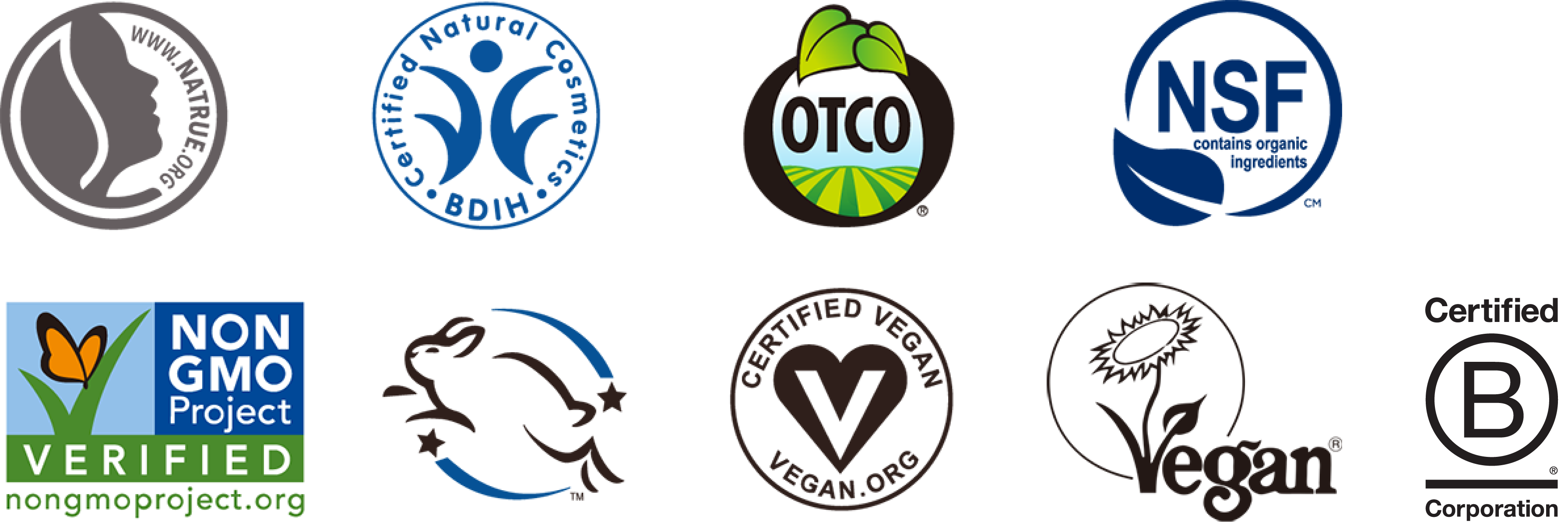 ドクターブロナー オーガニック クリーンスプレーが取得している認定・認証マーク。NATRUE、BDIH、Oregon Tilth Certified Organic、NON-GMO、Fari for Life、WFTO、Leaping Bunny、Vegan Action