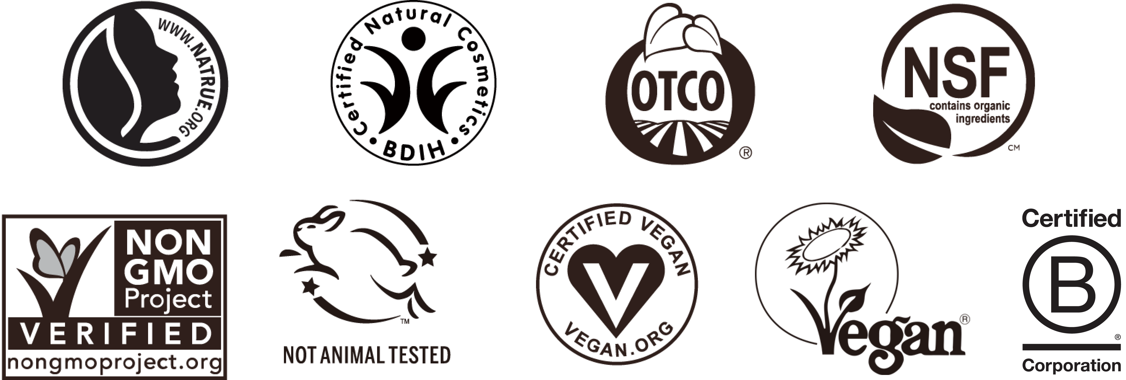 ドクターブロナー マジックソープが取得している認定・認証マーク。NATRUE、BDIH、Oregon Tilth Certified Organic、Non-GMO Project、fair for life、WFTO、Leaping Bunny、Vegan Action